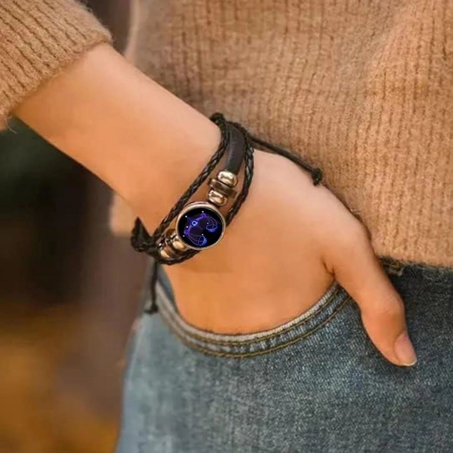 Zodiac Constellation Guardian Black Leather Bracelet Adjustable