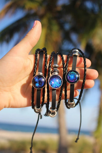 Zodiac Constellation Guardian Black Leather Bracelet Adjustable